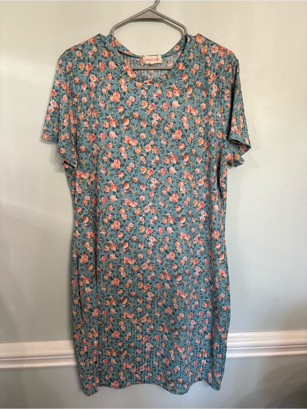 Urban Girl Blue Floral Ribbed T-Shirt Dress XXL Cottagecore Casual Dress